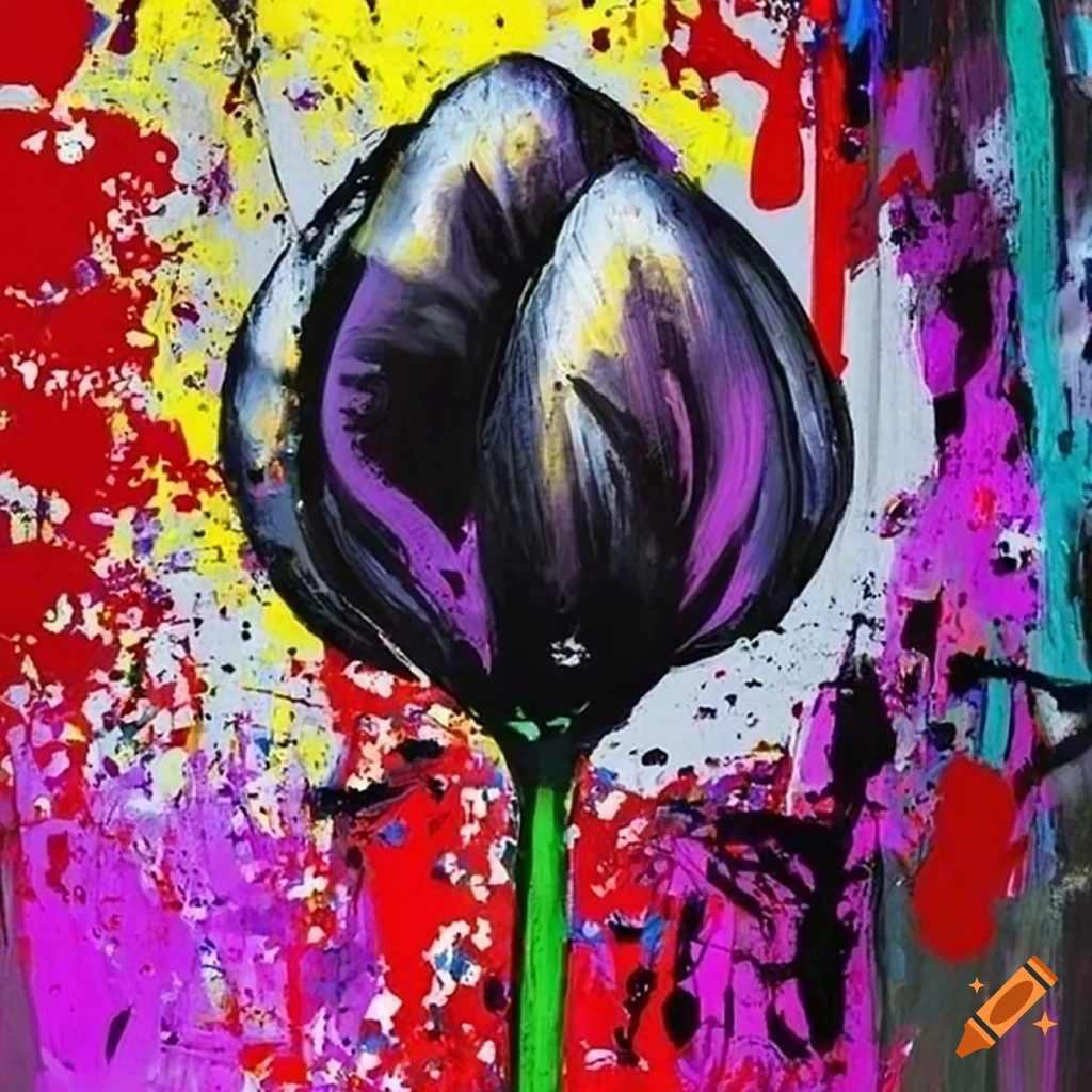 Abstract graffiti doodle of black tulips on textured background inspired by Banksy and Jackson Pollock