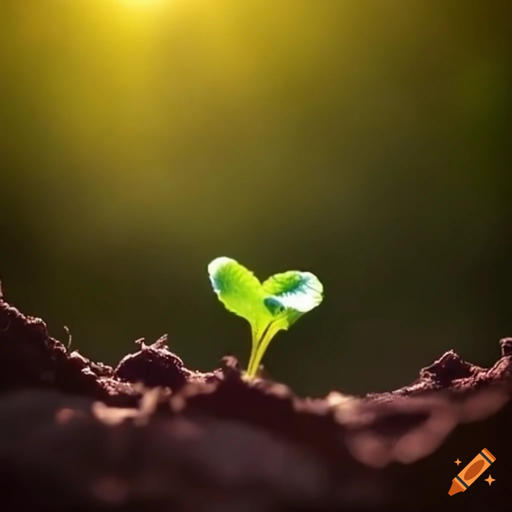Young seedling growing through a crack with sunlight and leaves