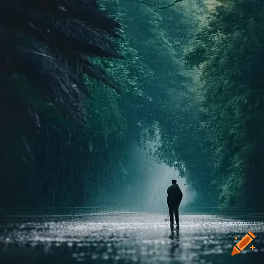 Man sitting on a rainy road at night