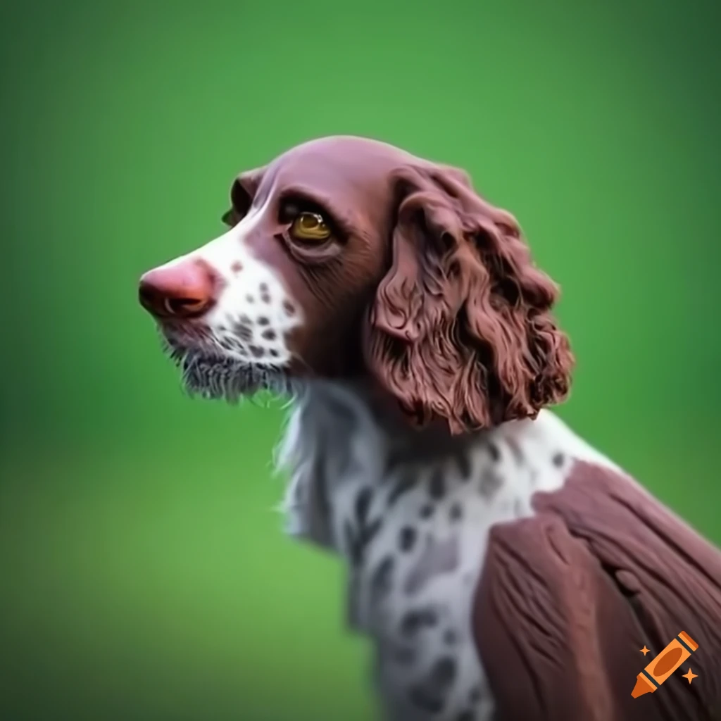Hyper realistic claymation of a springer spaniel playing in a green field