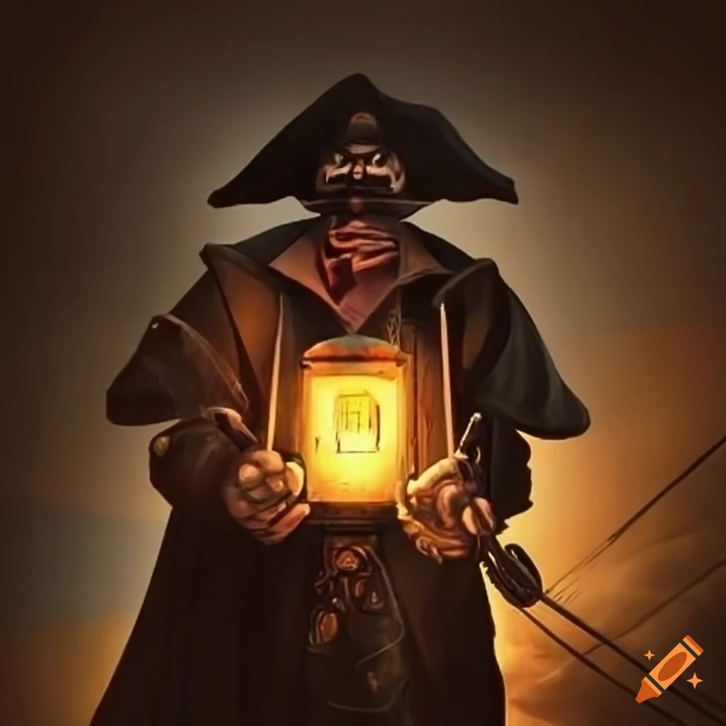 Pirate holding lantern on a ship