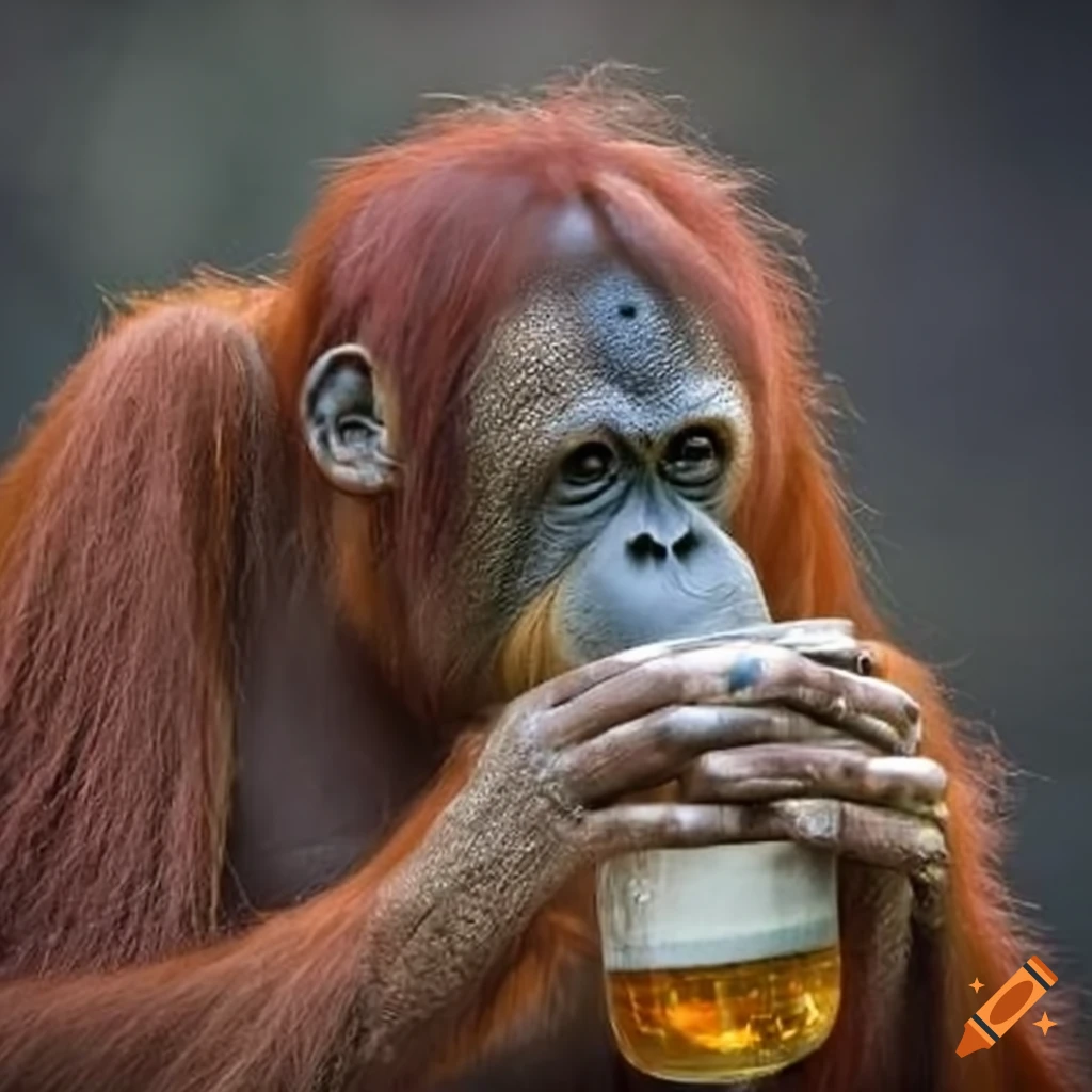 Orangutan holding a beer can