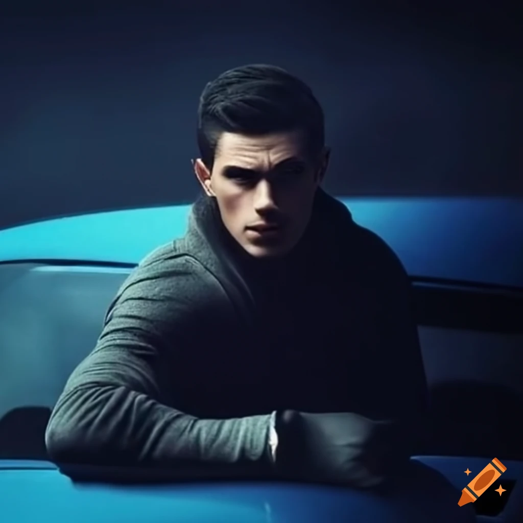 Handsome athletic man with blue eyes and black hair leaning on a car on ...