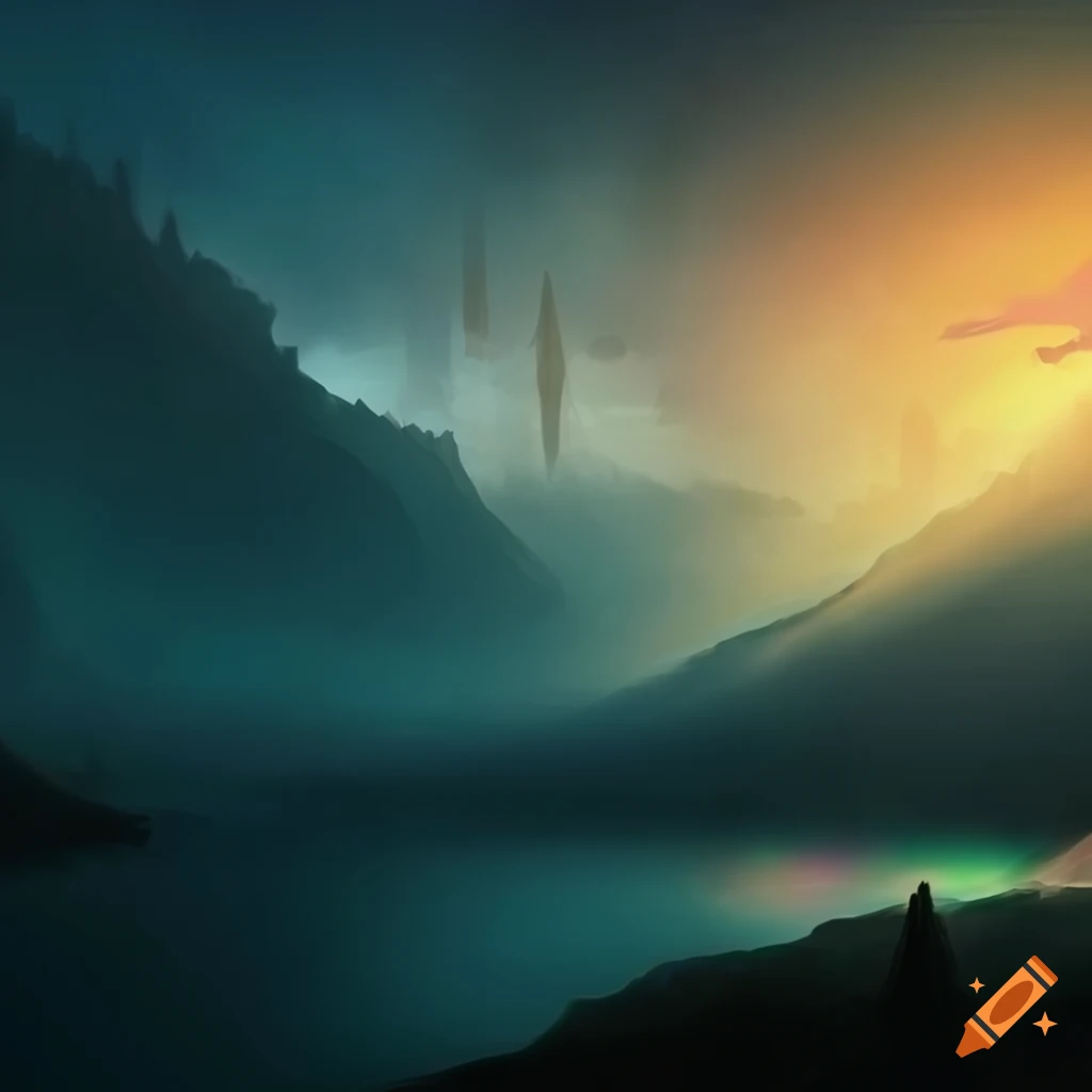 Special effect - god rays shining on a mountain lake