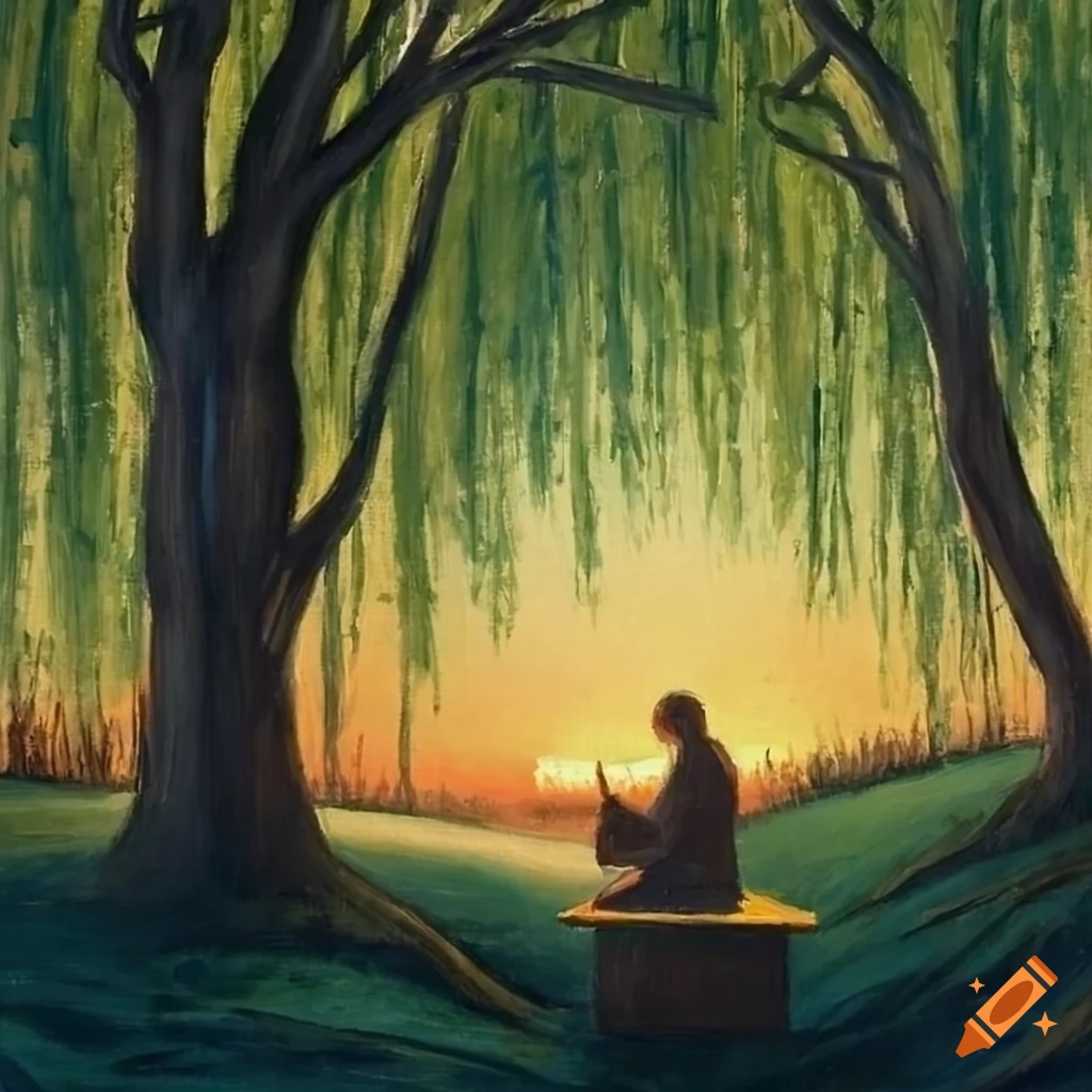 Serene landscape with a scholar under a willow tree