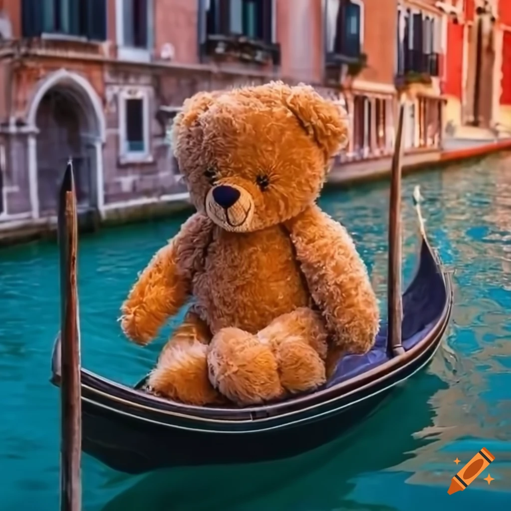 Teddy bear in a gondola enjoying a Venetian canal ride