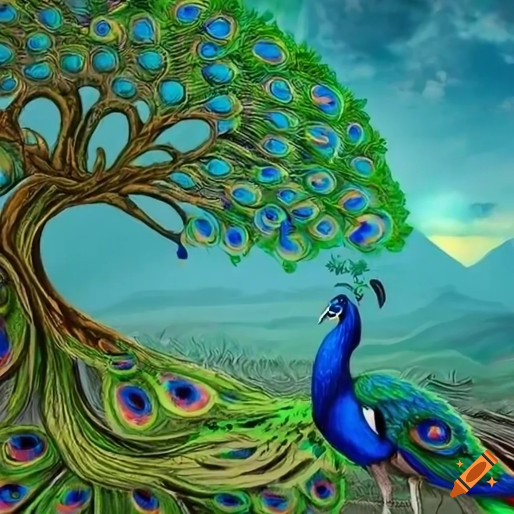 Surreal drawing of peacock tree with green volcano in the background