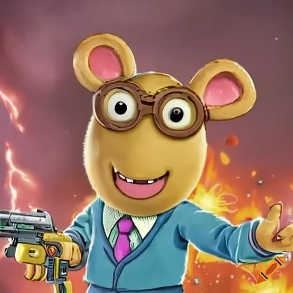 Arthur with laser guns in space with a big explosion