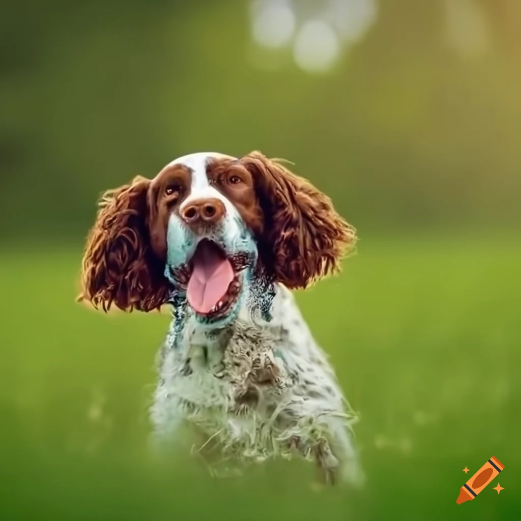Joyful springer spaniel playing in a lush green field