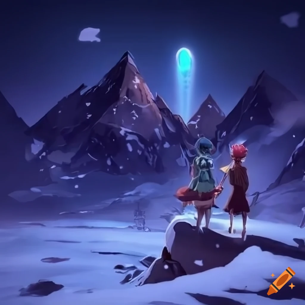 Girl flying on a strawberry over snowy mountains in a video game inspired scene