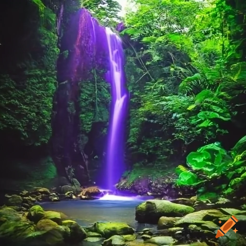 El Yunque Puerto Rico with red trees, purple floor, and green sky