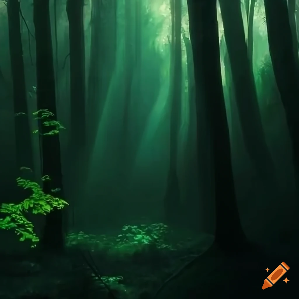 Sunlight filtering through dense forest canopy creating intricate ...