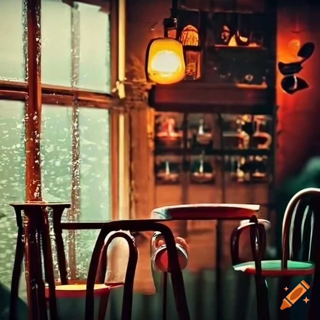 Cozy coffee shop on a rainy day with warm light spilling out