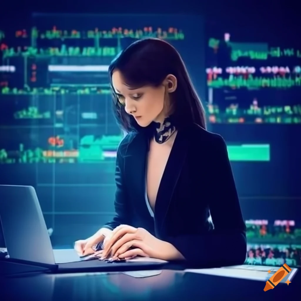 Female trader analyzing exchange chart on monitor surrounded by flowers