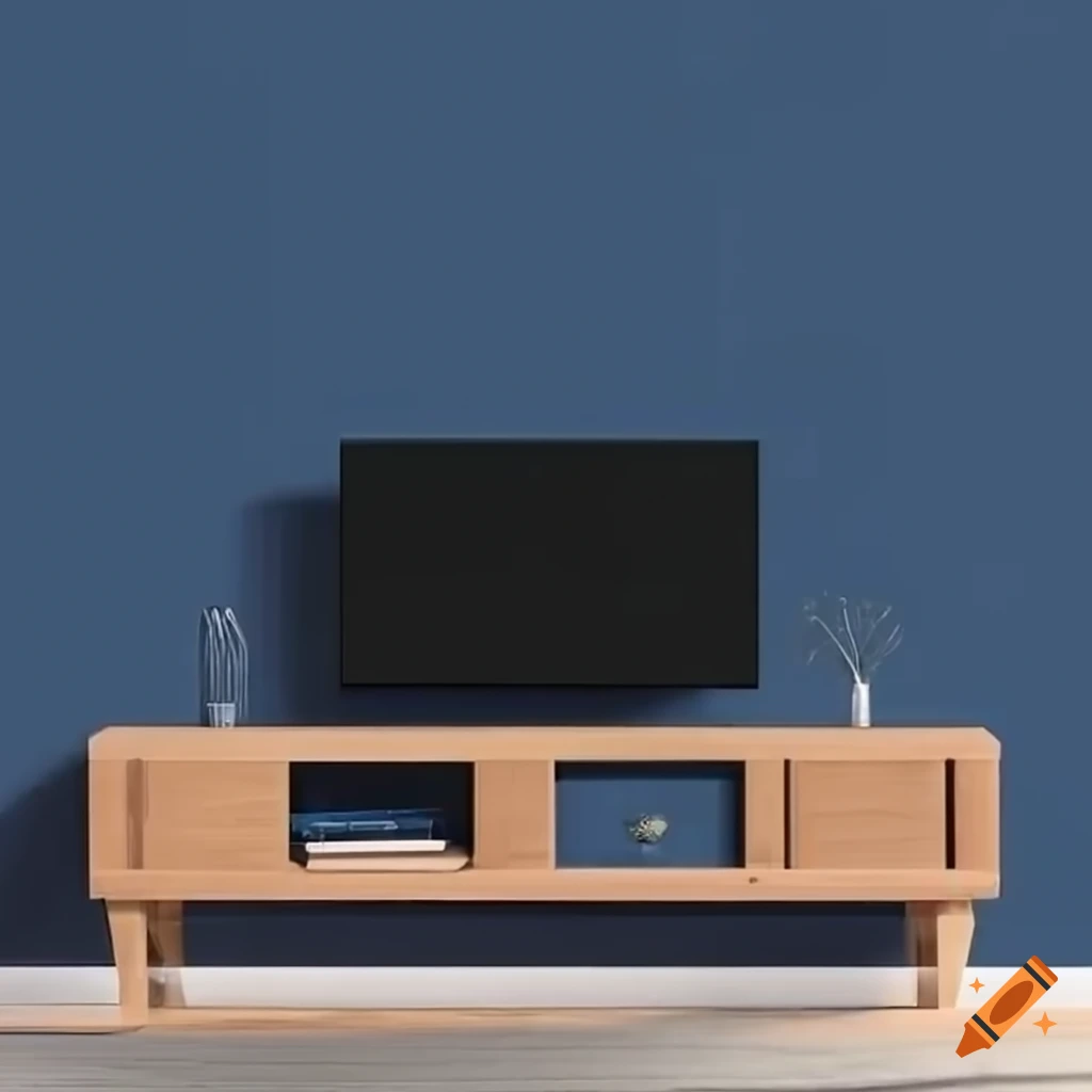 Living room with navy blue wall and wooden slats with a tv on Craiyon