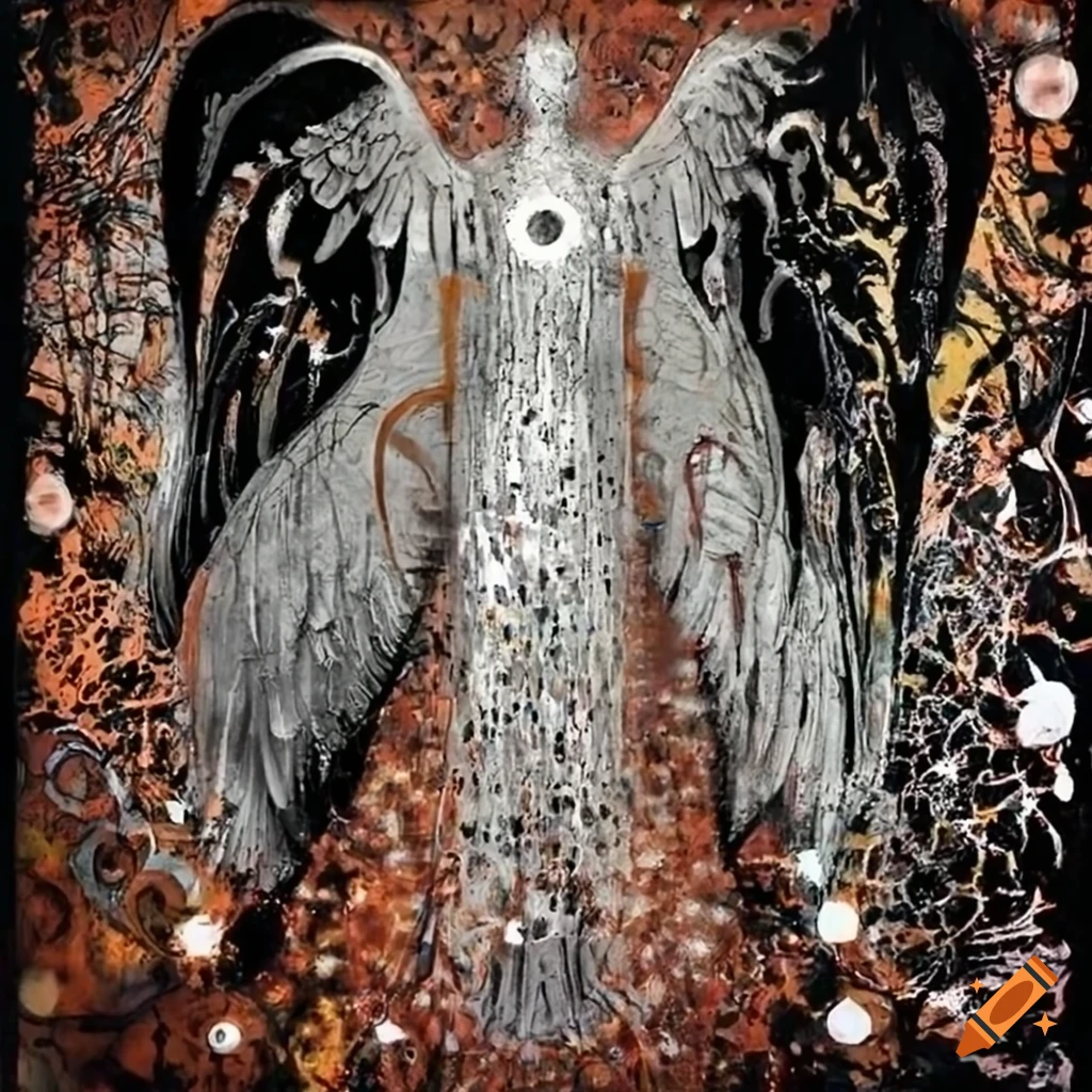 Abstract splatter painting of an angel surrounded by exotic flowers and ...