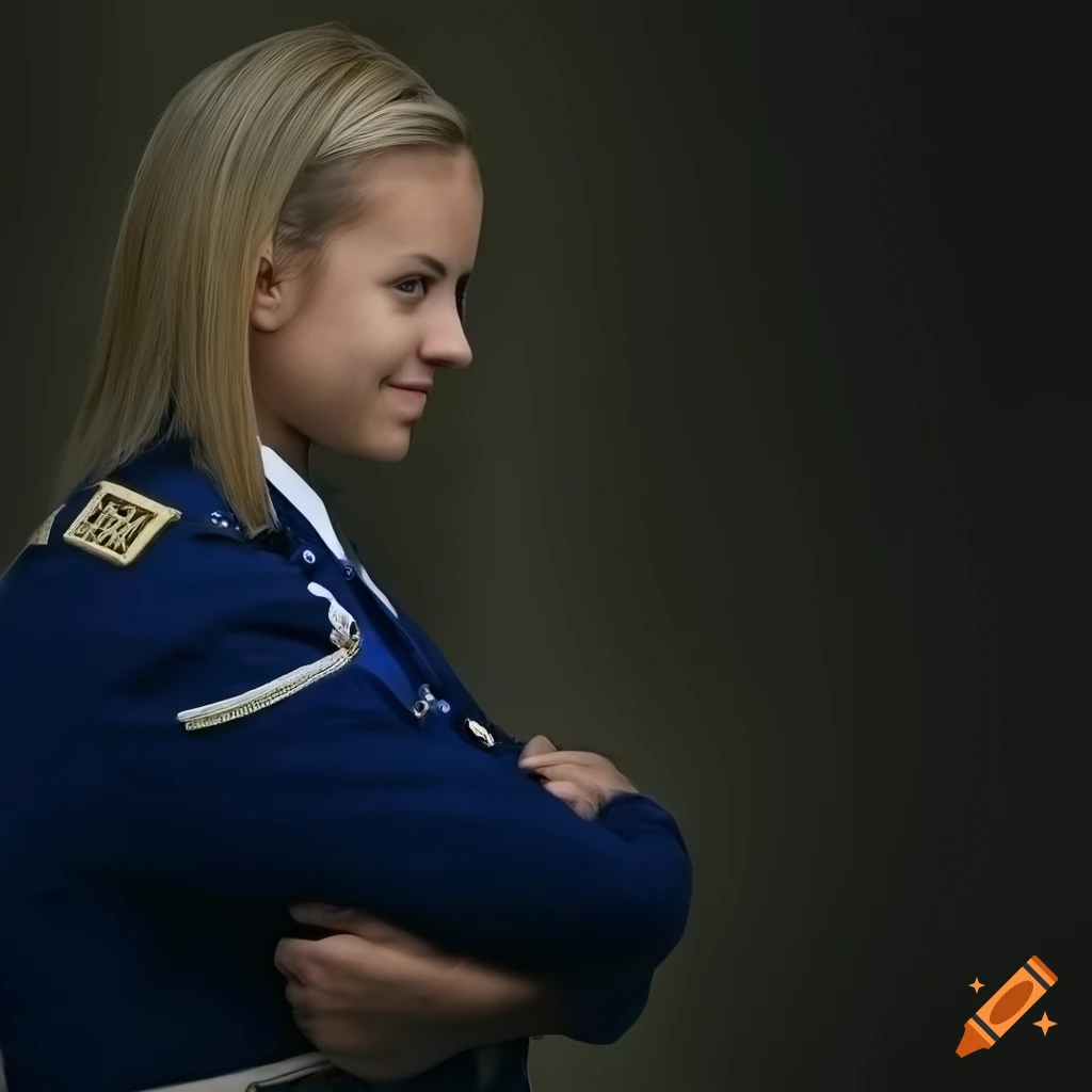 Empowered confident 18-year-old female in marine uniform with a shy smile
