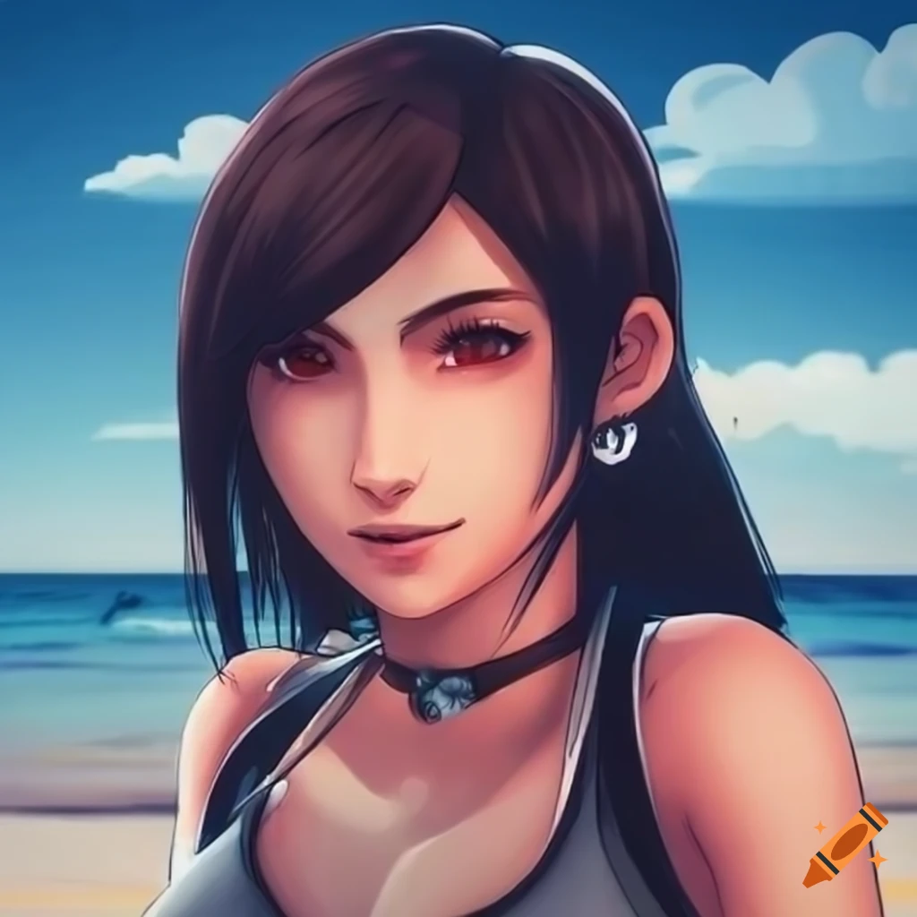 Tifa on a sunny beach on Craiyon