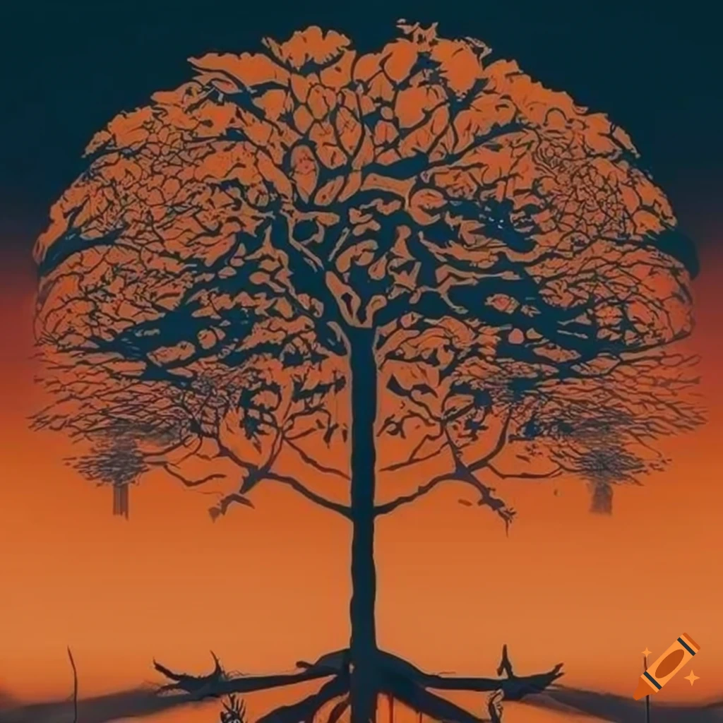 Abstract Afrofuturist wall mural of a tree in burnt orange color