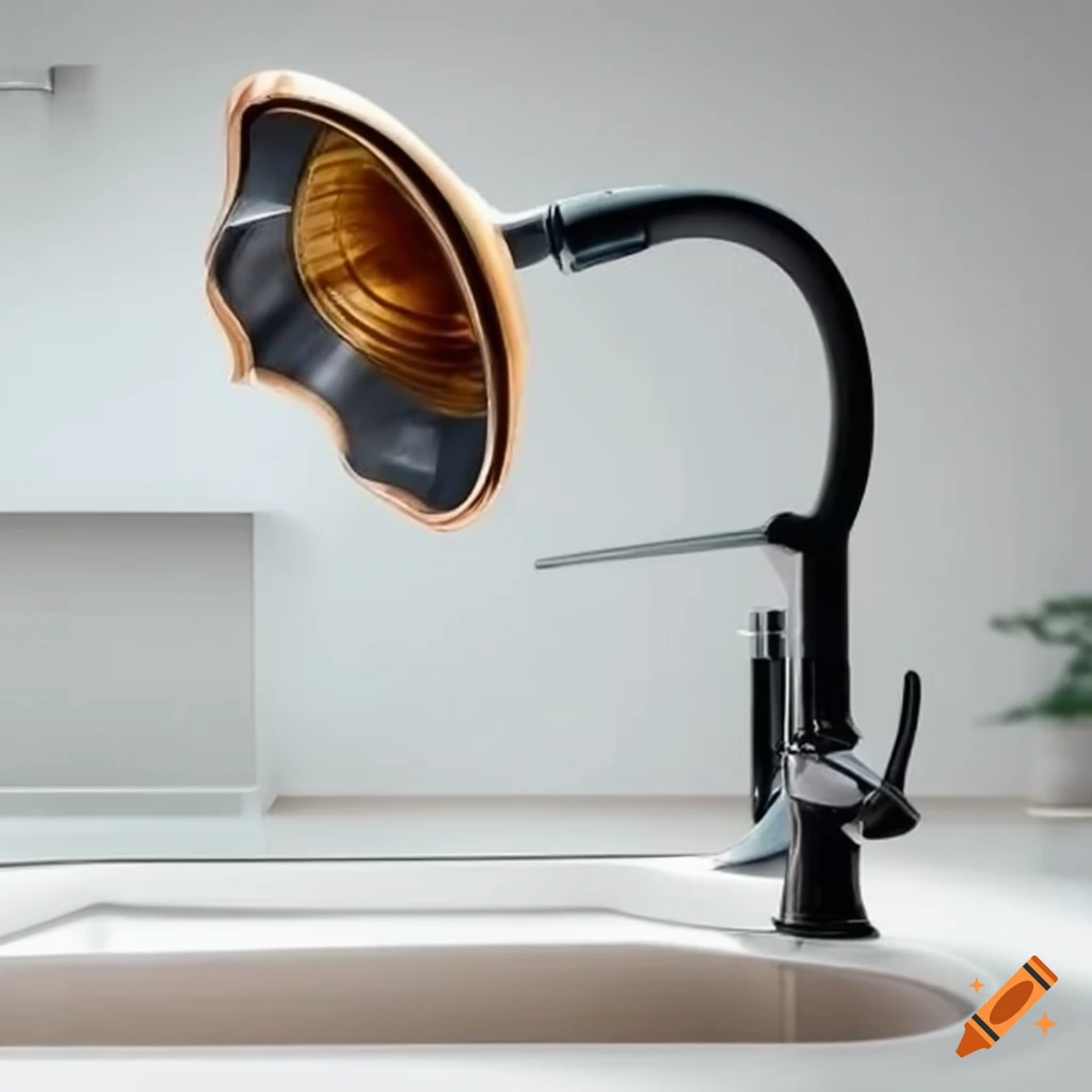 Kitchen faucet with gramophone-shaped spout over sink
