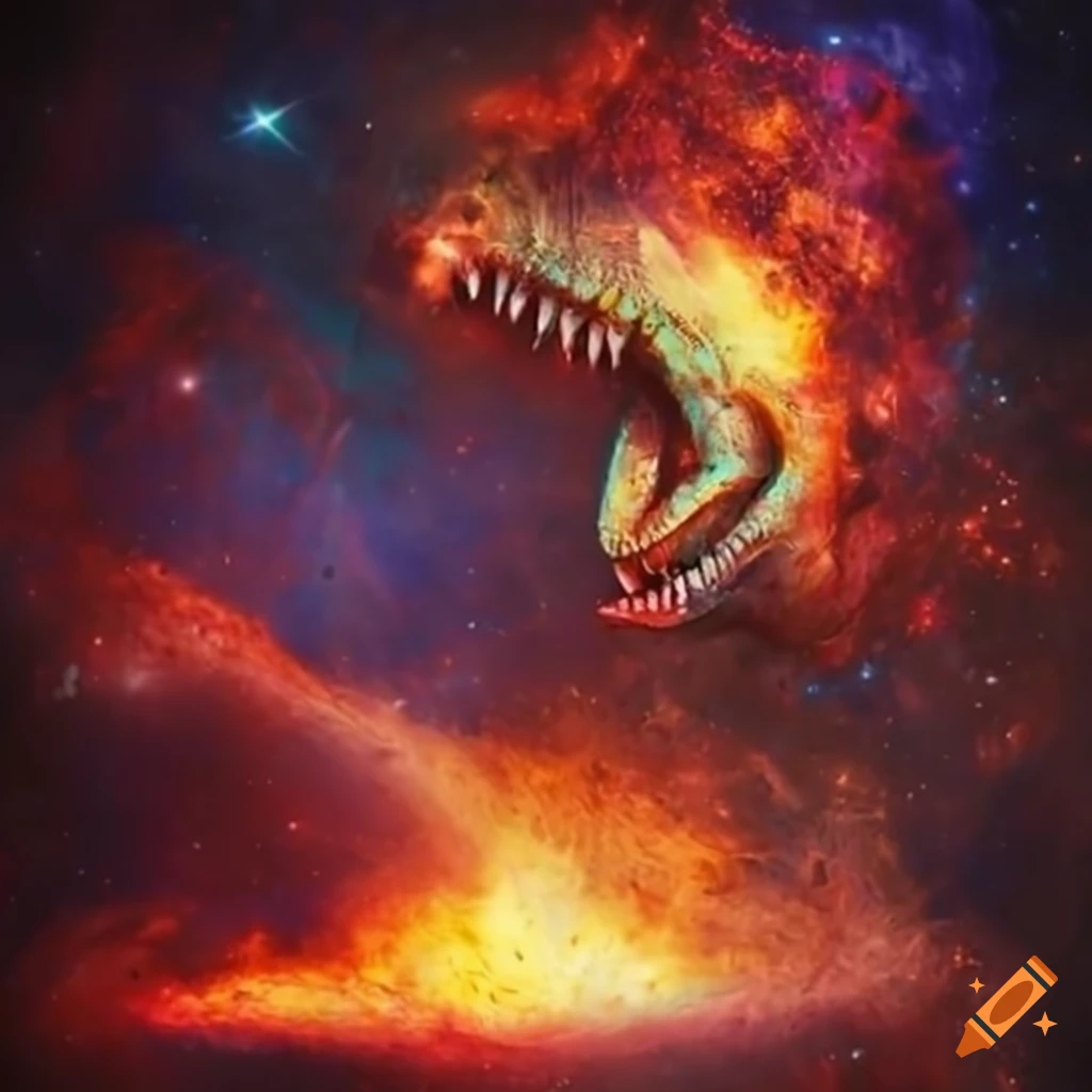 Retrofuturist dinosaur exploding in a cosmic background
