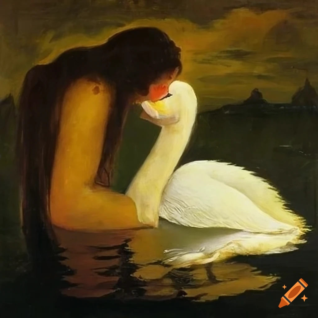Painting with yellow pears, wild roses, and swans in a lake