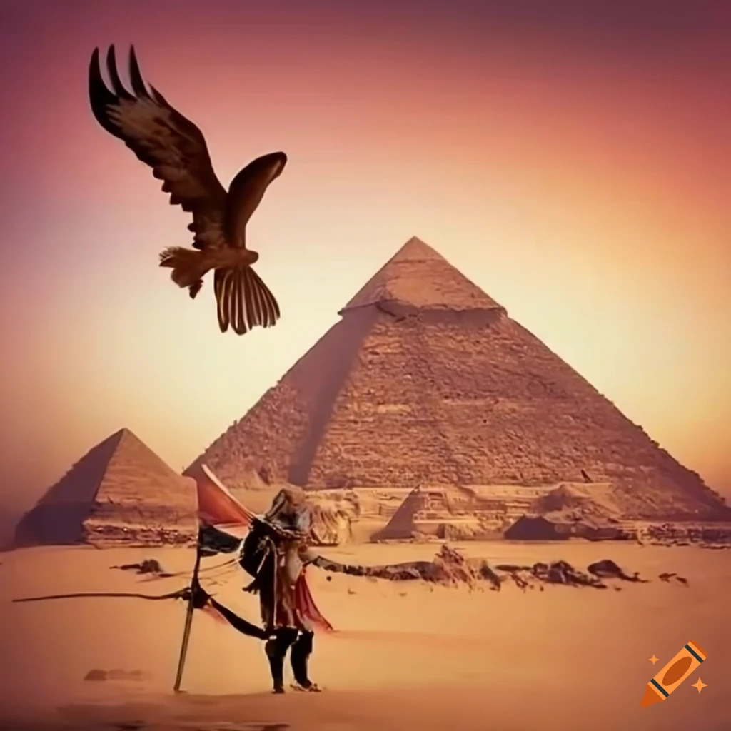 Eagle facing a knight in Egypt desert with pyramids and the Tower of Riyadh in the background