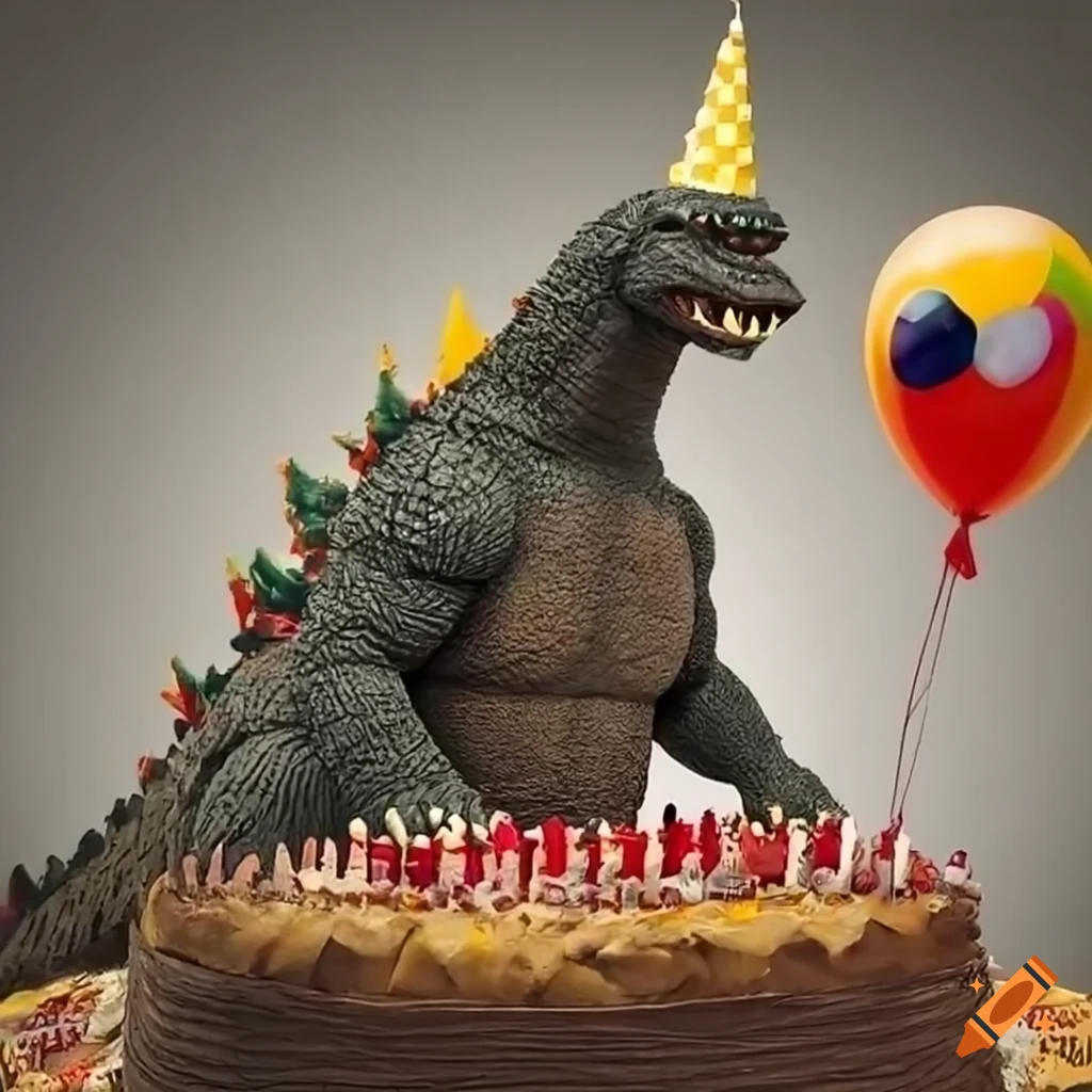 Godzilla celebrating birthday with cake and balloons in whimsical art