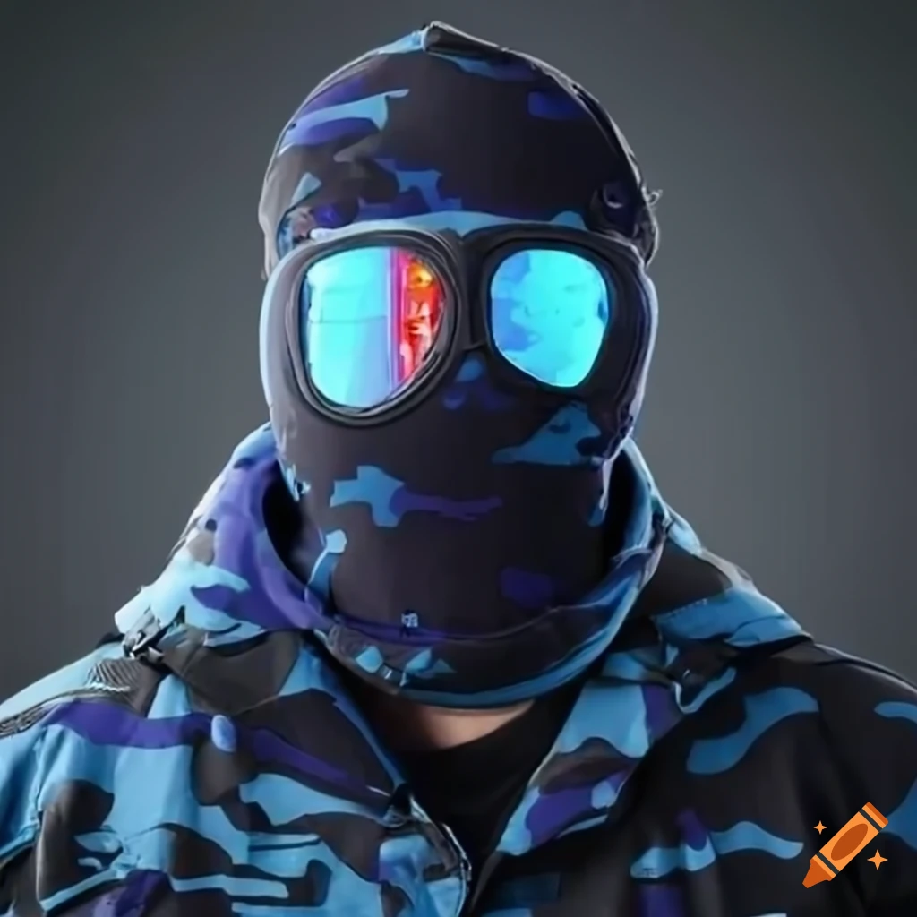 Man in blue camouflage jacket with goggles and ski mask