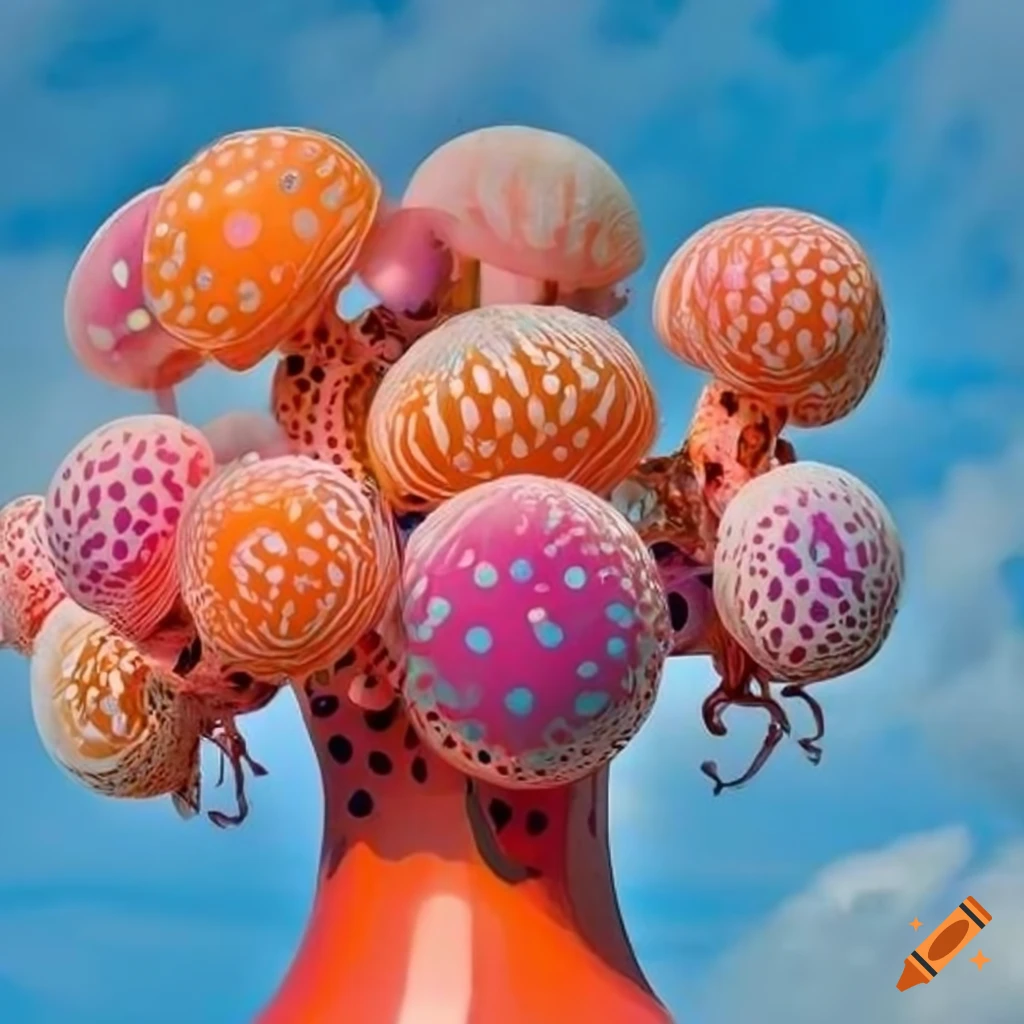 Kusama style bouquet of pink and orange jellyfish in a large vase under a blue sky
