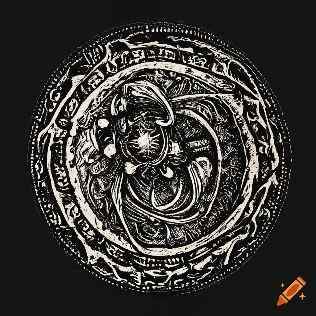 Sentient tentacle emerging from a magic circle in a black and white ...