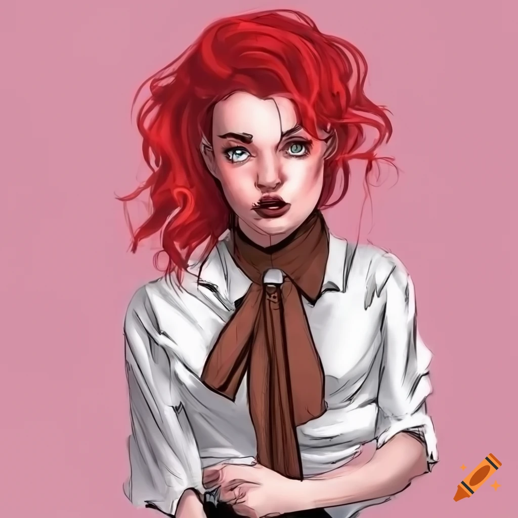 Country dancing girl with red hair, undercut, white shirt, and brown boots in comic book style