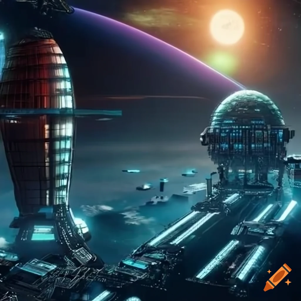 Solarpunk metropolis on futuristic space station with artificial gravity