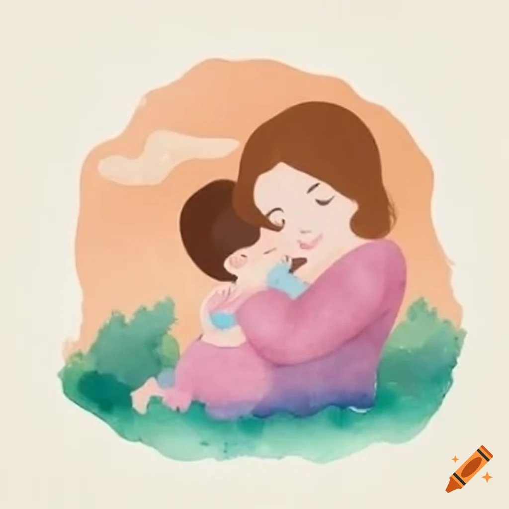 Mother cradling newborn with serene landscape in the backdrop