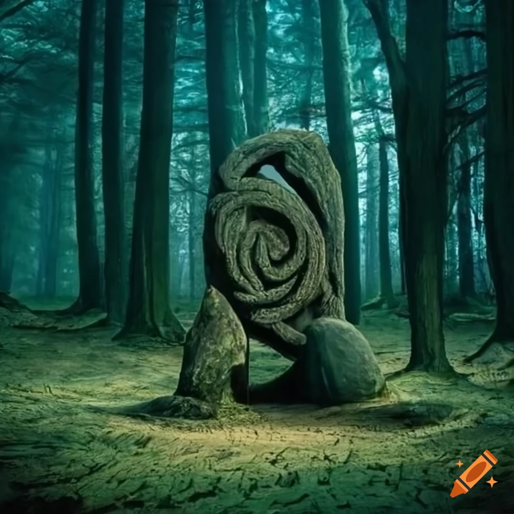 Artwork of upright stones in a mysterious forest with organic knotwork, shrine to bigfoot