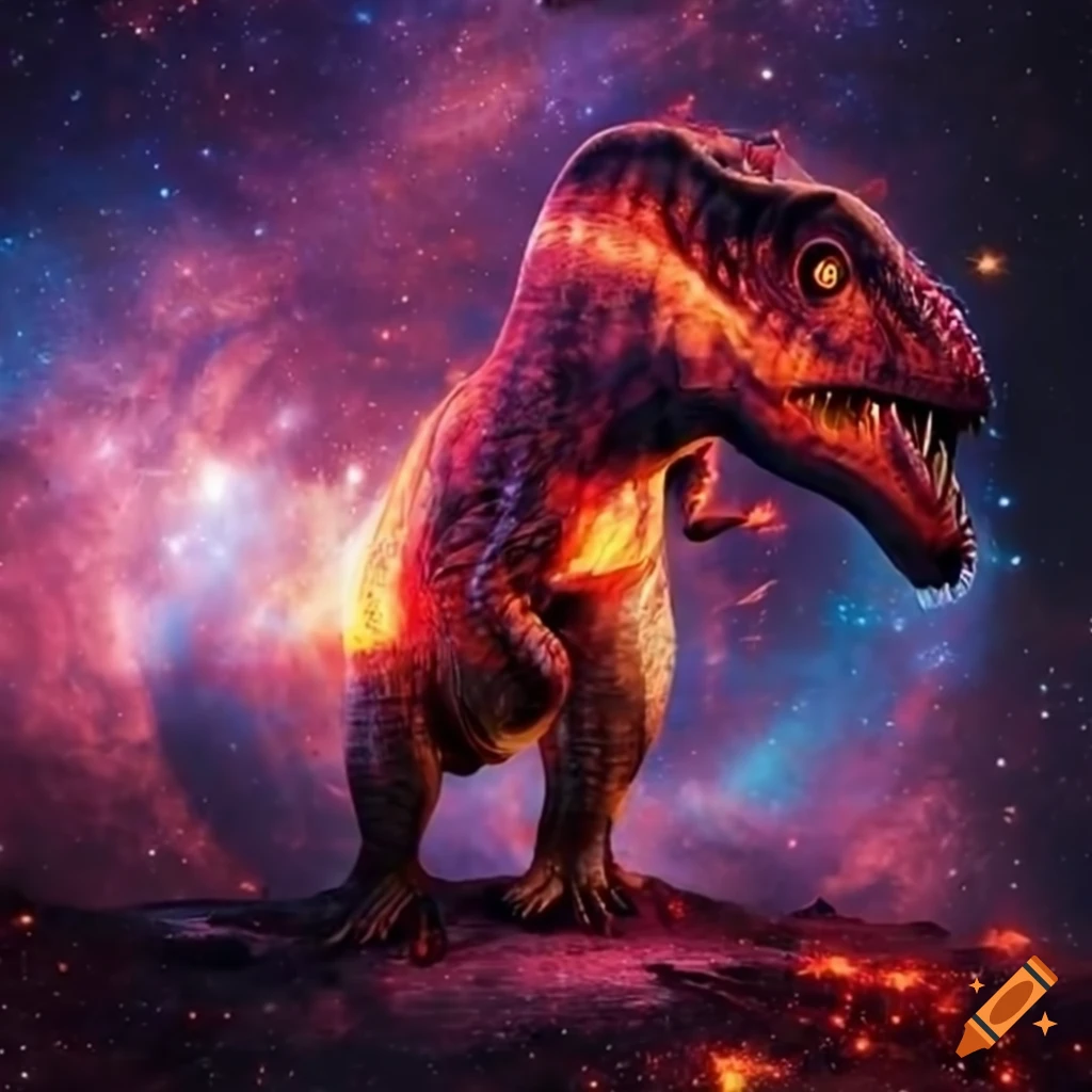 Retrofuturist dinosaur exploding in a cosmic background
