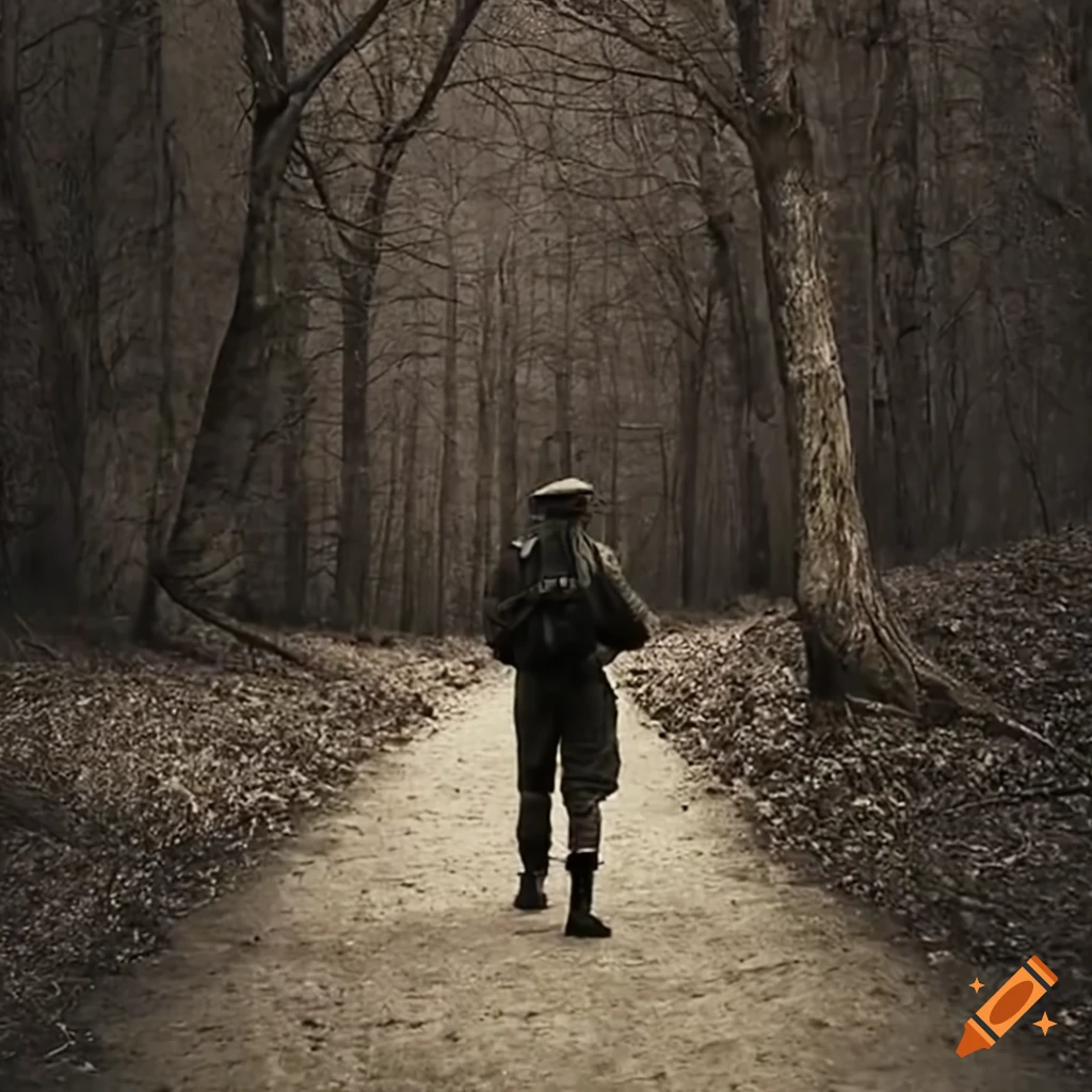 Man walking on a battlefield with a mountain backdrop