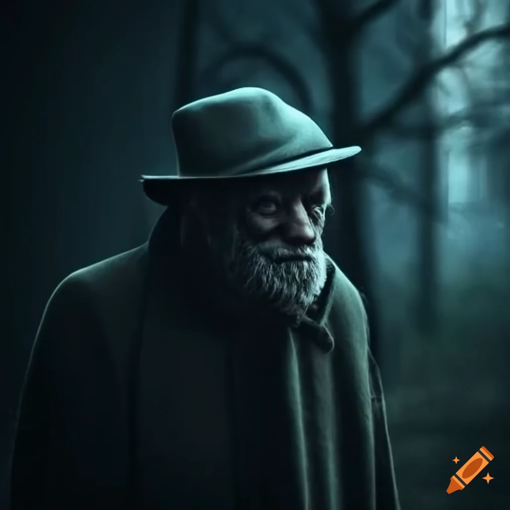 Eerie old man in fedora and long coat walking in cemetery at night on ...