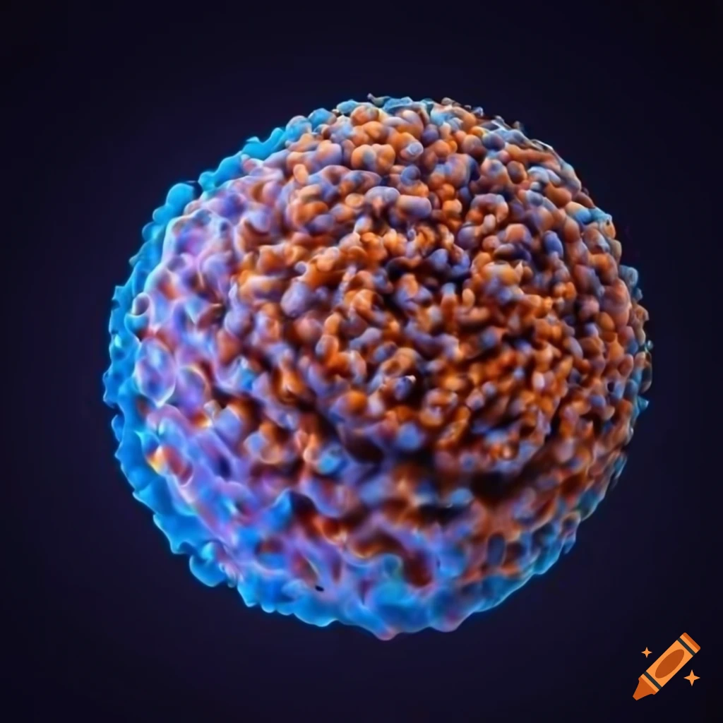 Animal cell with proteins against black background