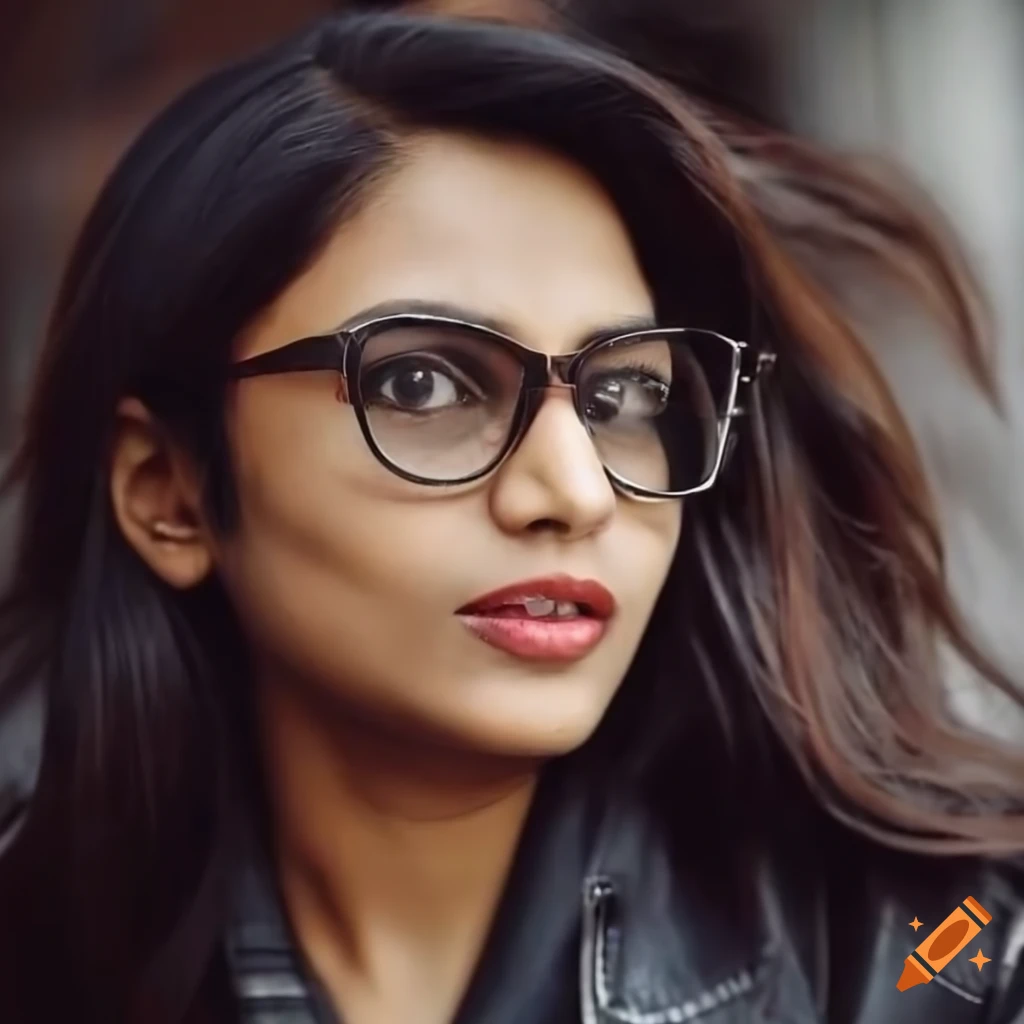 Attractive Indian woman in glasses and leather jacket