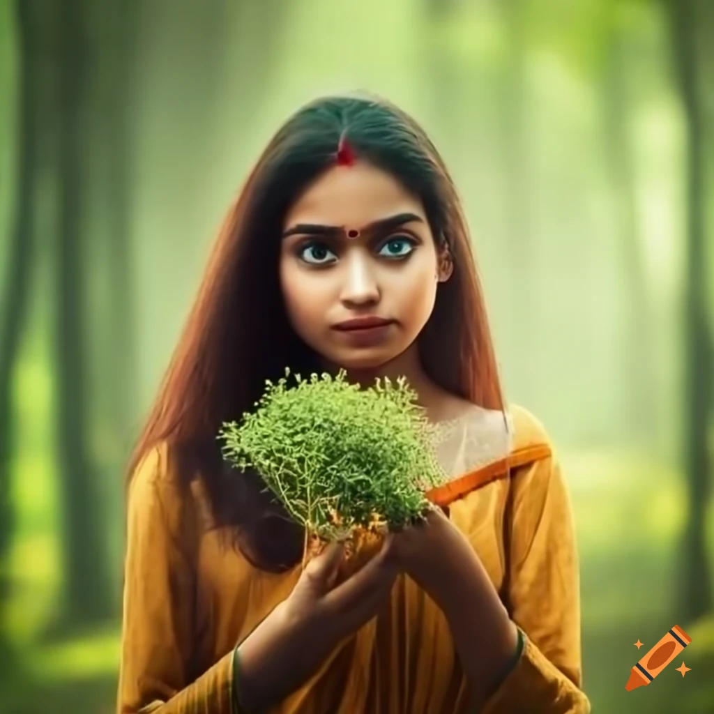 Beautiful Indian girl with herbs in foggy forest clearing