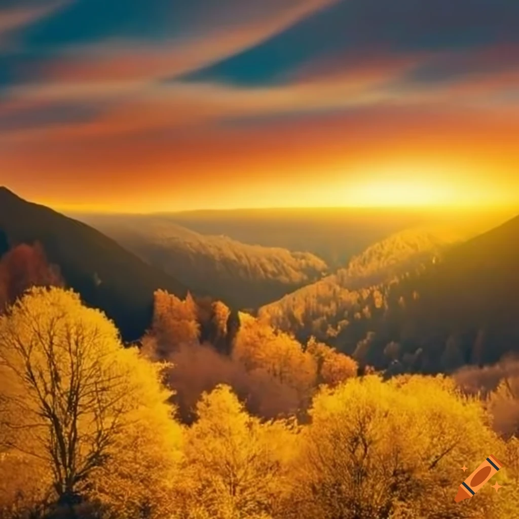 Golden landscape with blooming trees under warm sunset on Craiyon