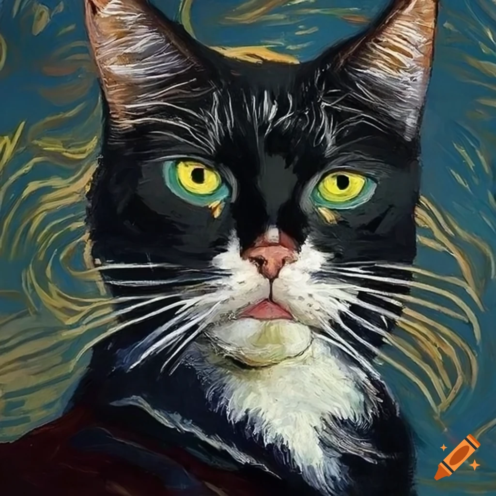 Tuxedo cat portrait in Vincent van Gogh's style