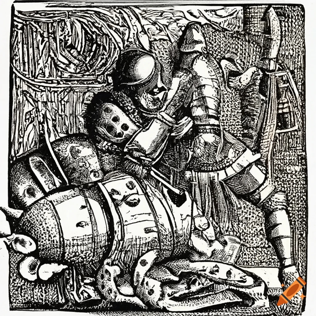 Knight in armor battling a monstrous crab in a Tudor woodcut