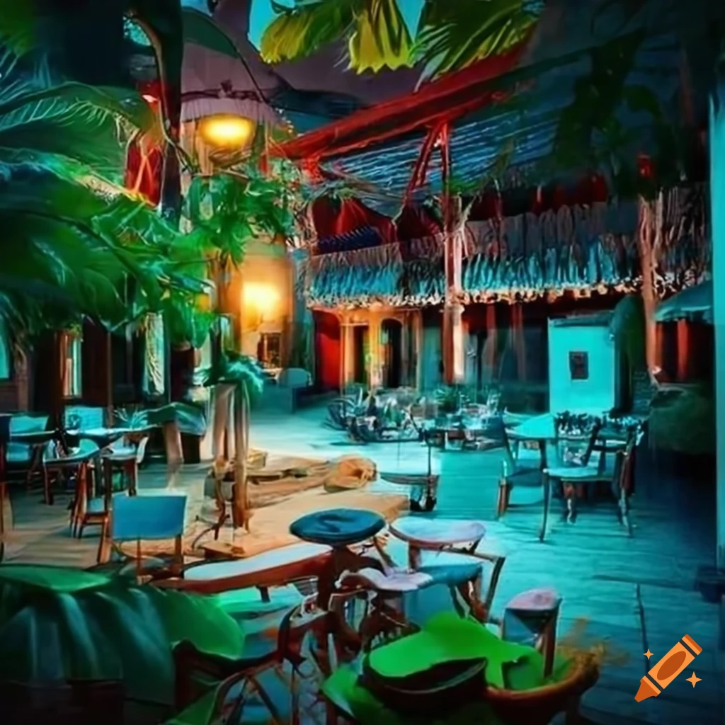 Tropical outdoor courtyard restaurant and music venue