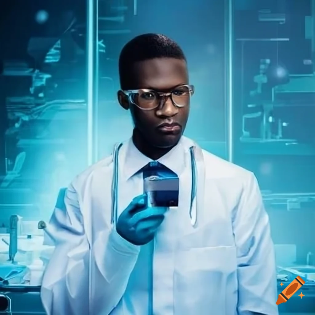 Black scientist in lab coat working at high-tech laboratory bench on ...