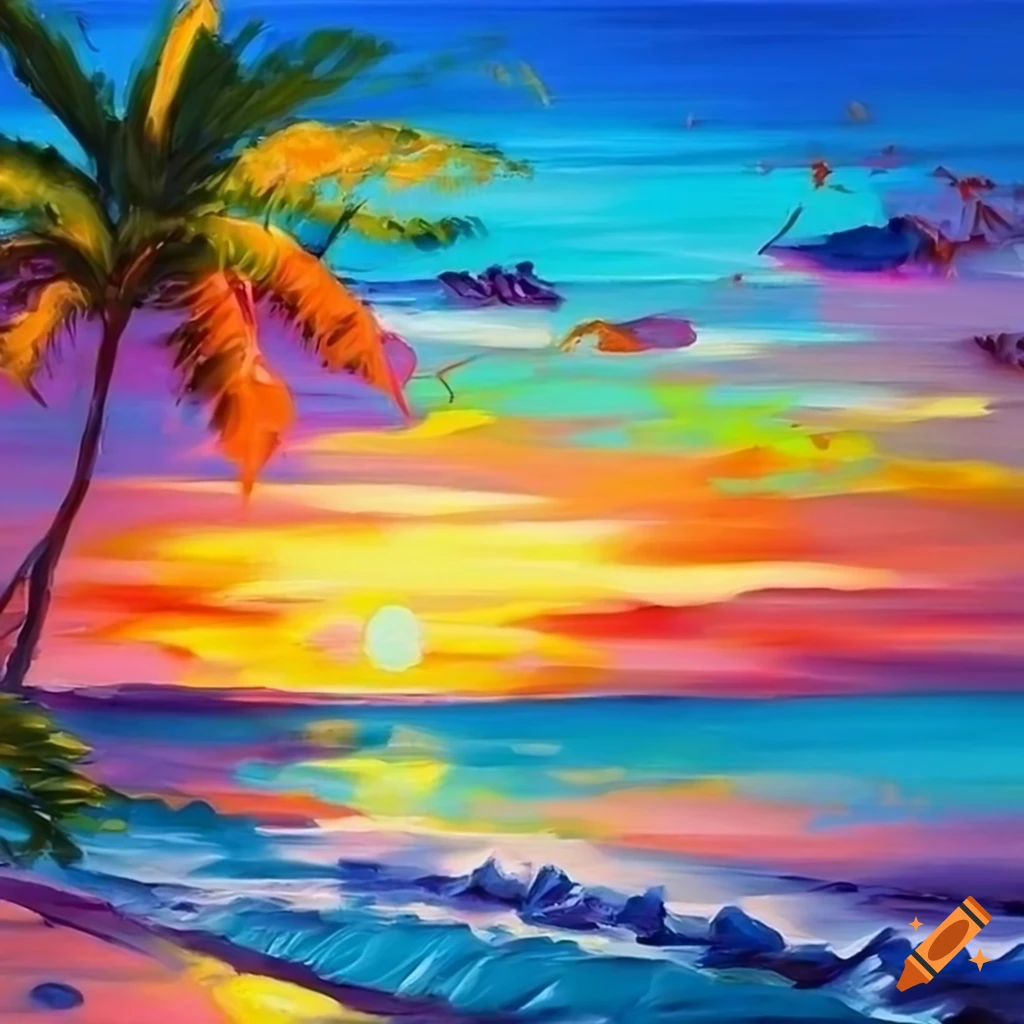 Tropical beach oil painting with bright and colorful details on Craiyon