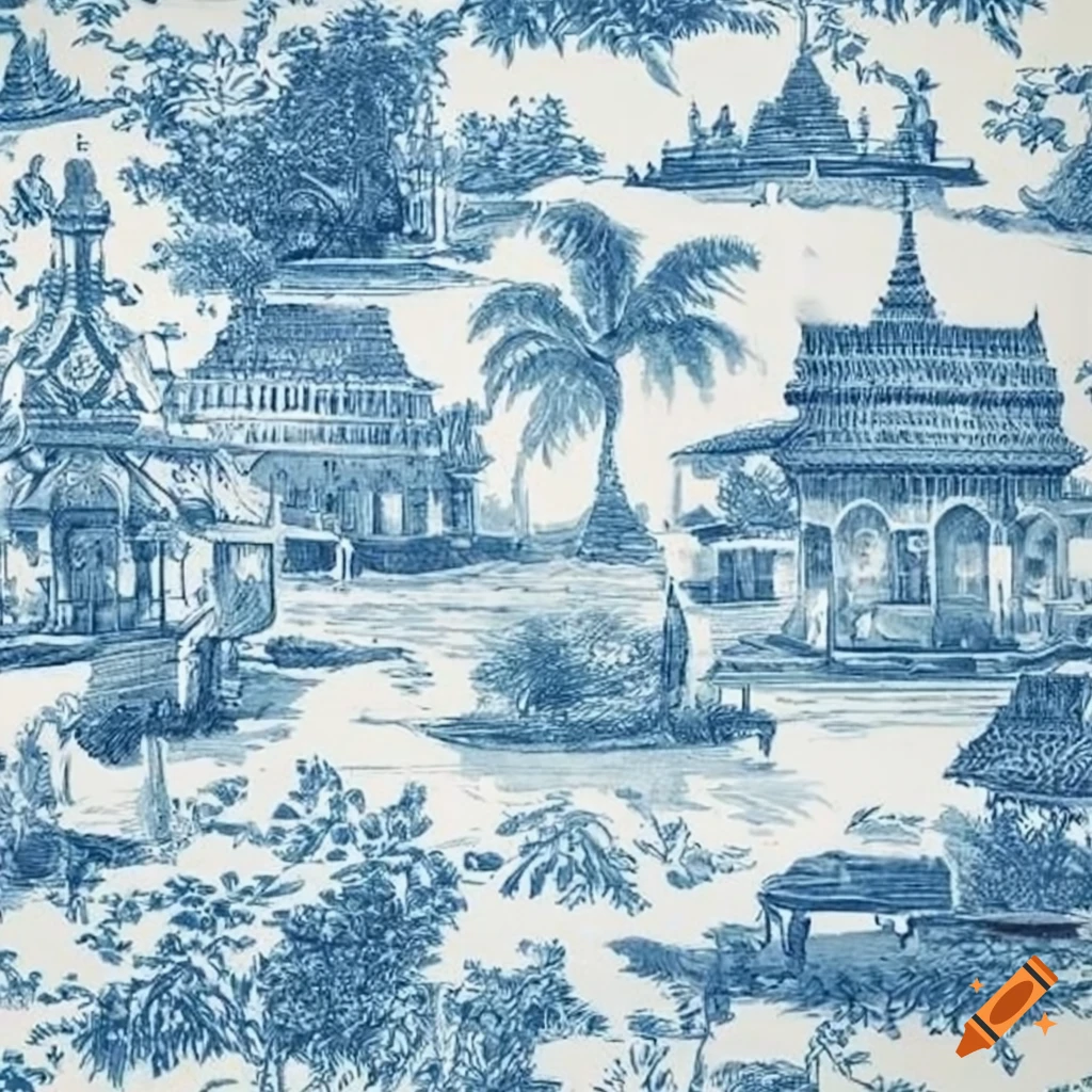 Thai village and cats toile de jouy wallpaper in blue and white tone