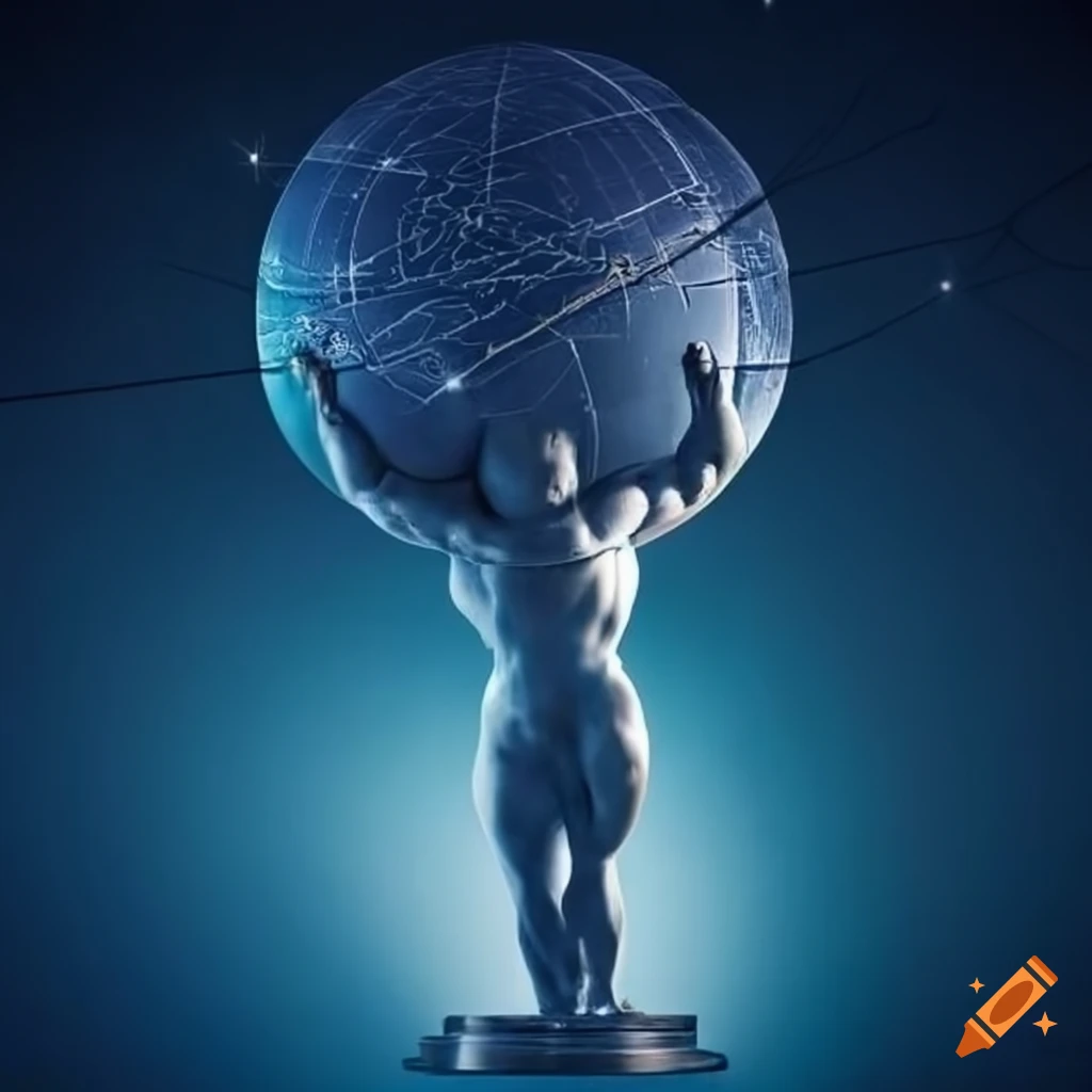 Atlas sculpture holding the globe under a starry sky in a blueprint ...