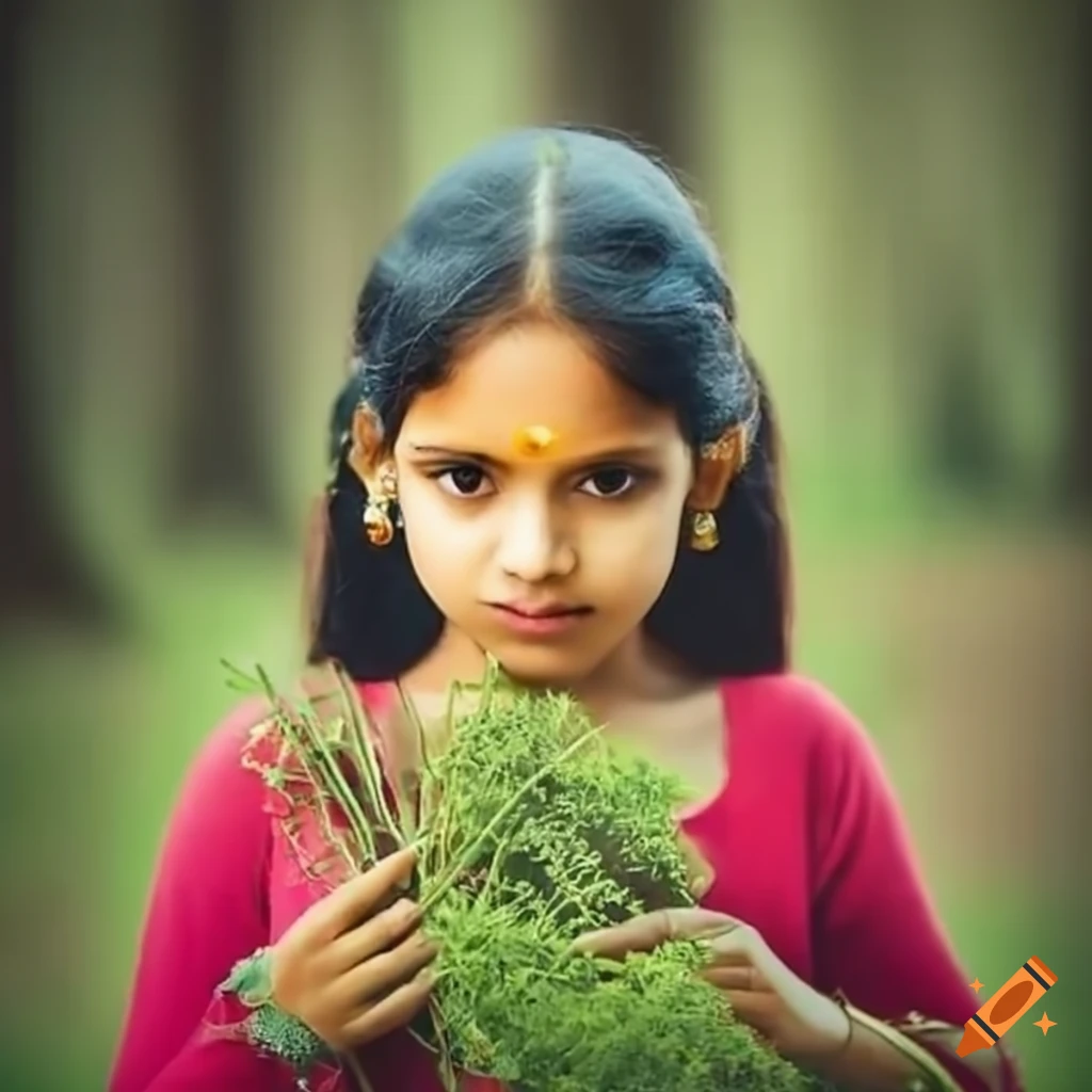 Indian girl holding various herbs in a forest clearing